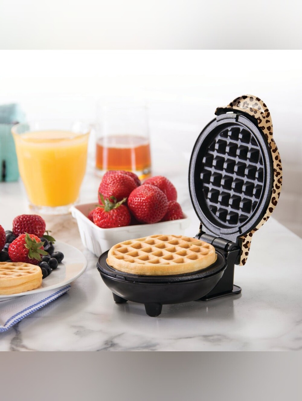 Leopard Print Mini Waffle Maker - Black and Gold Accent